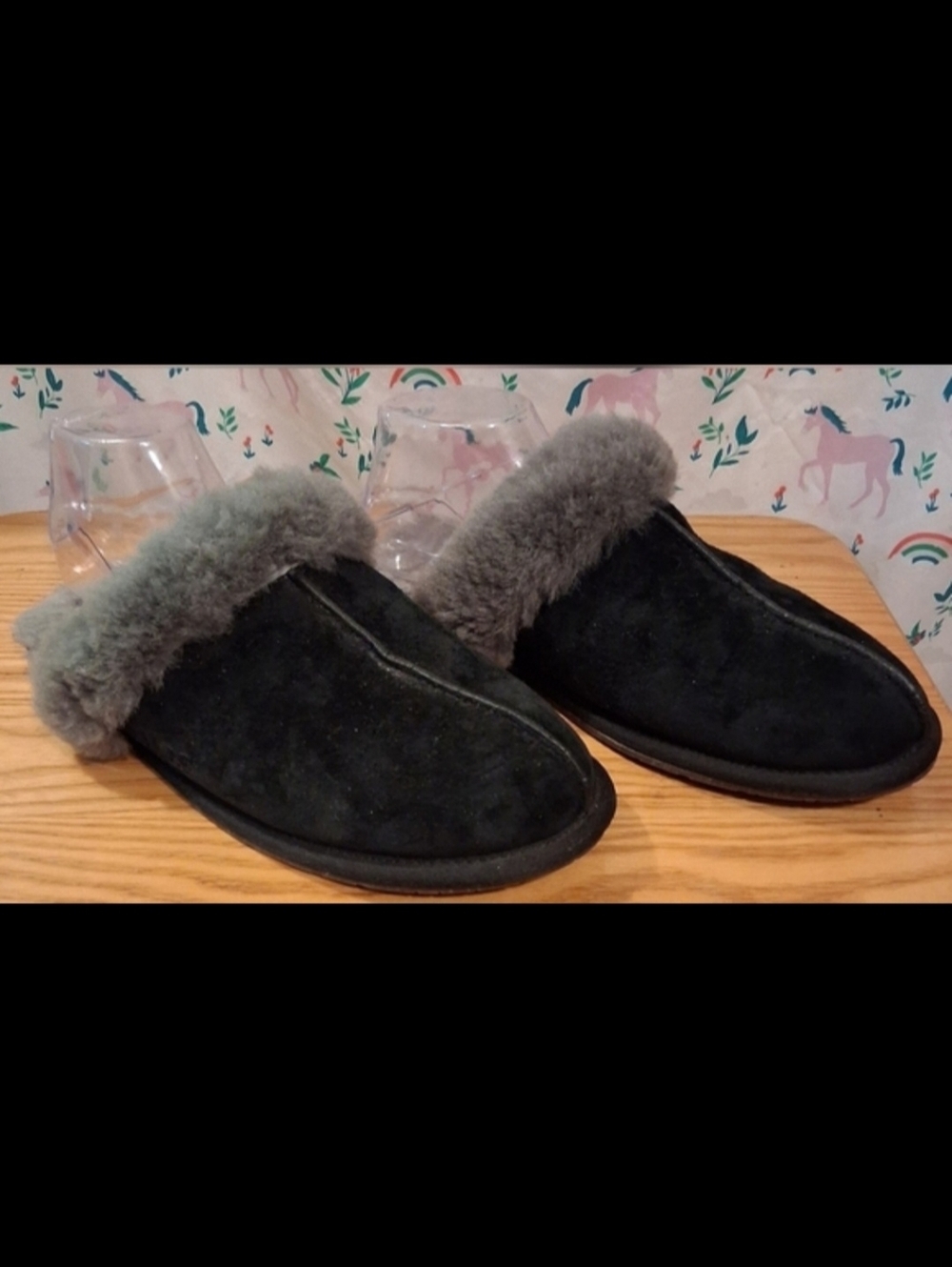 UGG Scuffette II Black Suede & Grey Shearling Casual Comfy Cozy Shoe SZ 11